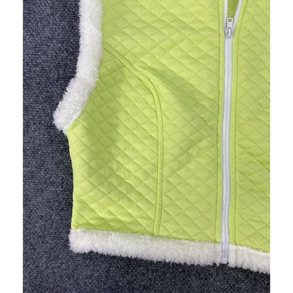 Women’s Size M Quilted Vest Neon Lime Green Faux Fur Trim Transitional Lux L A - Picture 5 of 10
